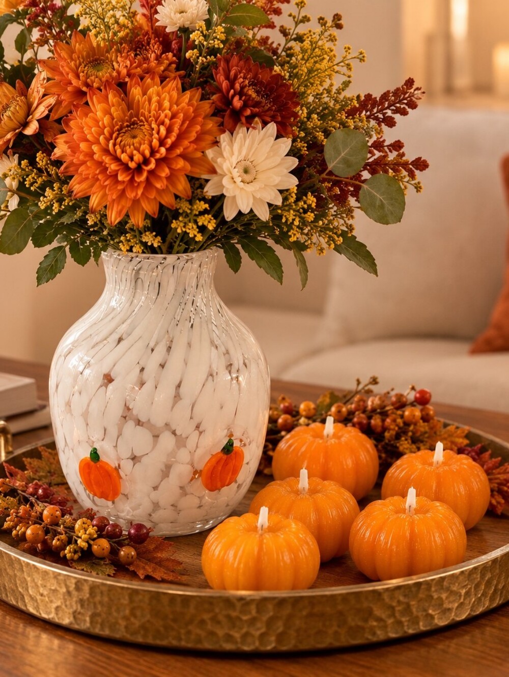 Anthropologie Spooky Icon Confetti Glass Vase And 6 Pumpkin Shaped Candles